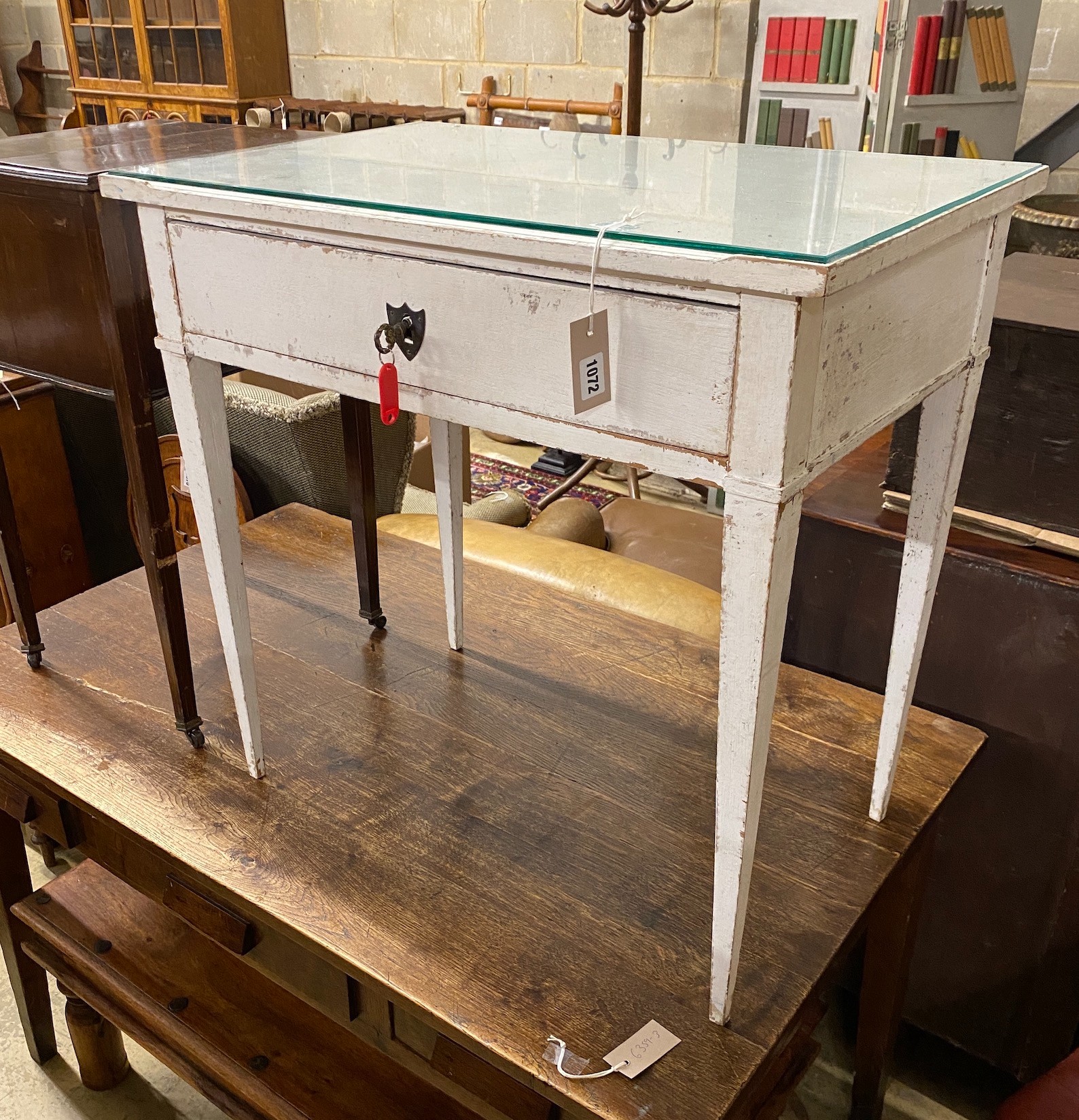 A 19th century continental small painted hall / side table, width 74cm, depth 47cm, height 71cm